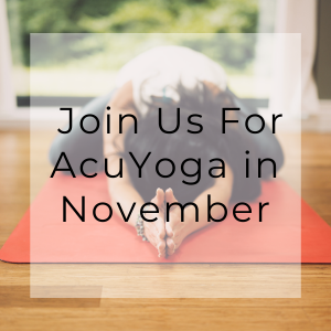 Image of a woman doing yoga on an orange yoga mat with the text, Join us for AcuYoga at Seneca Falls Acupuncture.