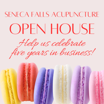 Image of macarons from Moonflower Macarons in Auburn with the text, Seneca Falls Acupuncture Open House to Help Us Celebrate Five Years in Business!