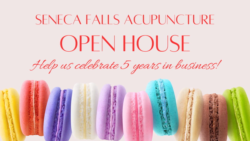 Image of multicolored macarons from Moonflower Macarons in Auburn with the text, Seneca Falls Acupuncture Open House to Help Us Celebrate Five Years in Business!