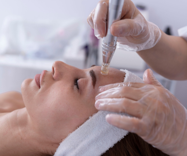 Photo of a woman getting microneedling treatment (also called collagen induction therapy) at Seneca Falls Acupuncture in the Finger Lakes Region.