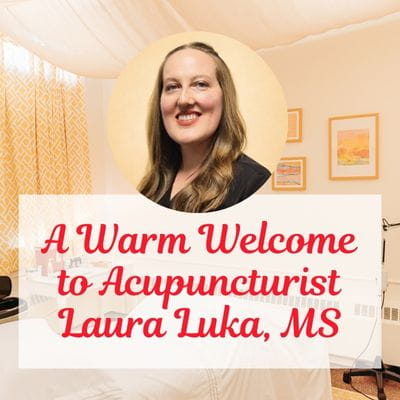 Portrait of pain management acupuncturist, Laura Luka, with the text, A Warm Welcome to Acupuncturist Luka at Seneca Falls Acupuncture.