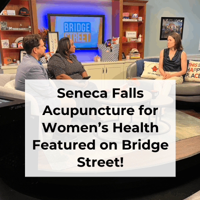 Image of clinic director Michelle Grasek from Seneca Falls Acupuncture sitting on set with Iris St. Meran and Eirk Columbia discussing acupuncture for women's health.